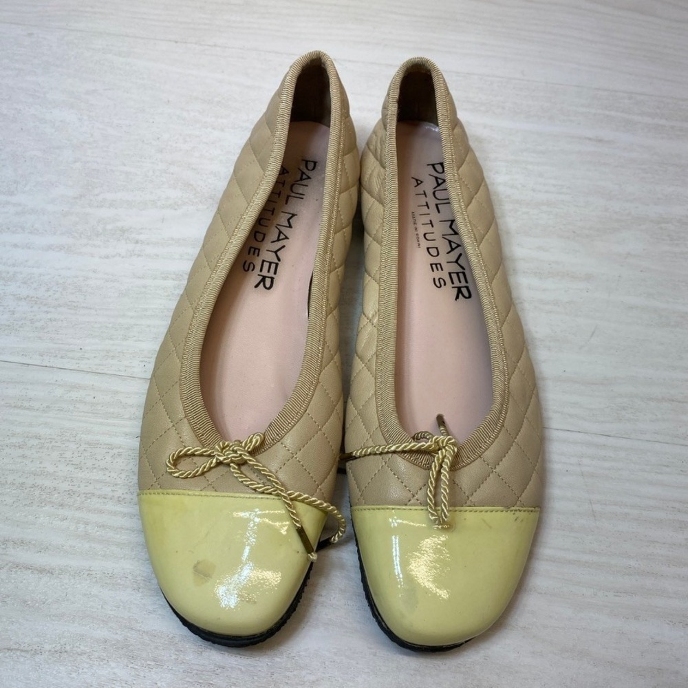 Paul Mayer Womens 6.5 B Ballet Flats Quilted Beige Leather Yellow Cap Toe Spain
